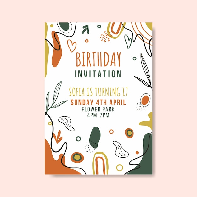 Plantilla de invitación de cumpleaños con vector premium de formas abstractas planas dibujadas a mano