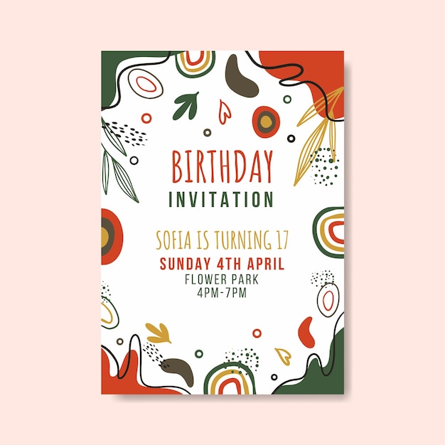 Plantilla de invitación de cumpleaños con vector premium de formas abstractas planas dibujadas a mano