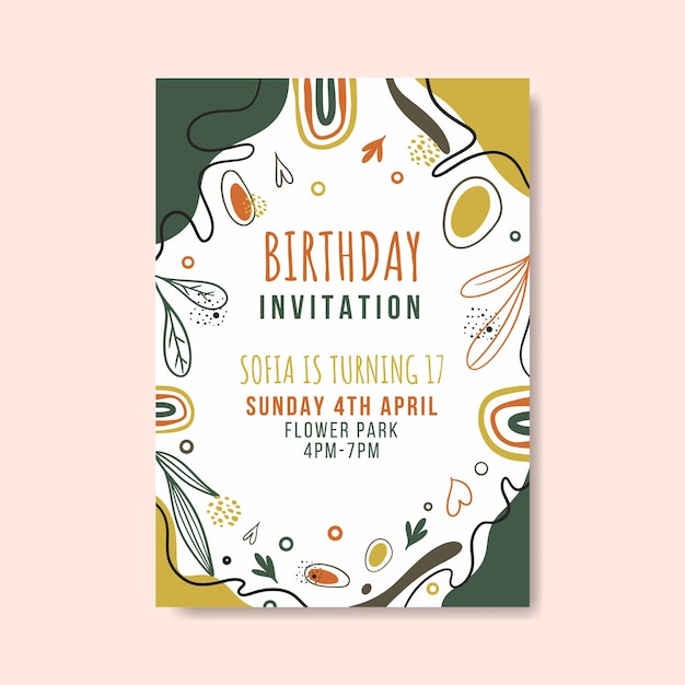 Vector plantilla de invitación de cumpleaños con vector premium de formas abstractas planas dibujadas a mano