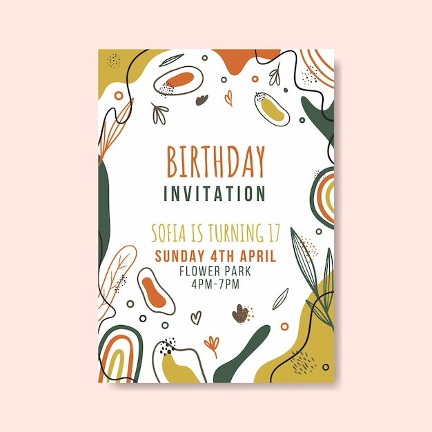 Plantilla de invitación de cumpleaños con vector premium de formas abstractas planas dibujadas a mano