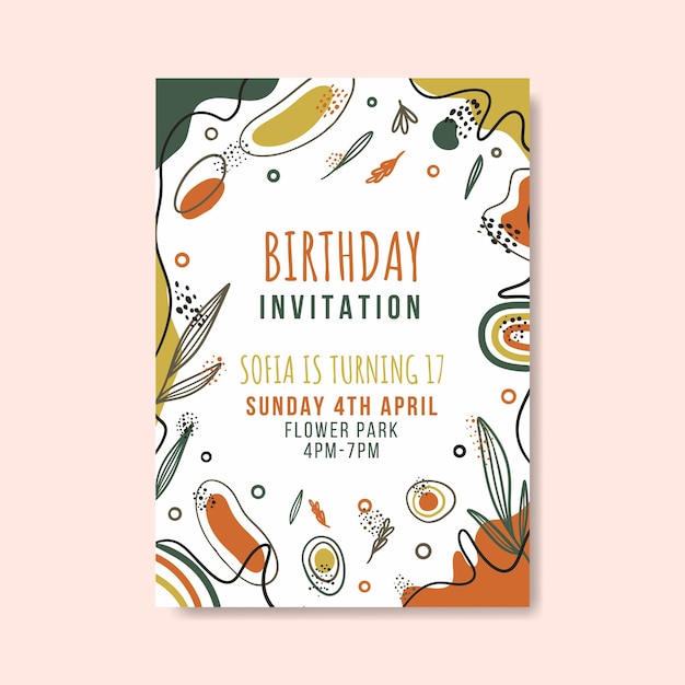 Plantilla de invitación de cumpleaños con vector premium de formas abstractas planas dibujadas a mano