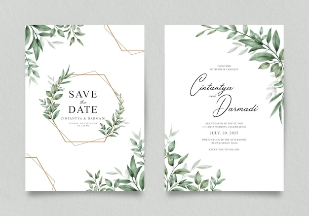 Plantilla de invitación de doble cara con decoración de acuarela verde