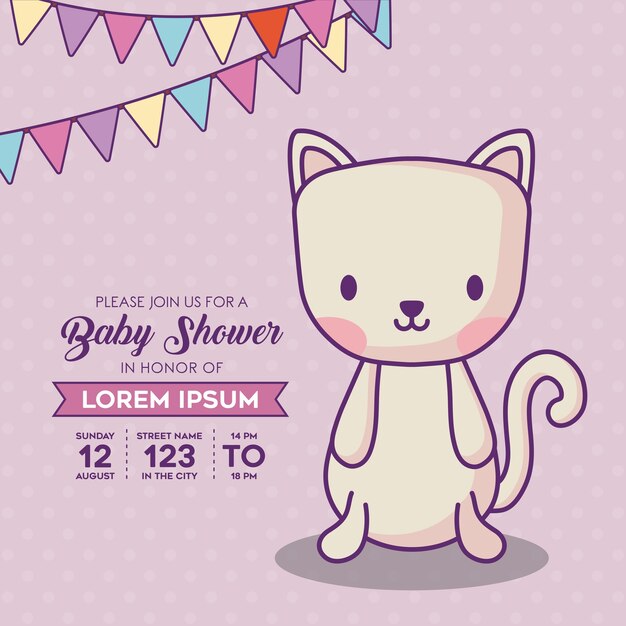 Vector plantilla de invitación de ducha de bebé con banderines decorativos e icono de gato lindo sobre fondo morado, c