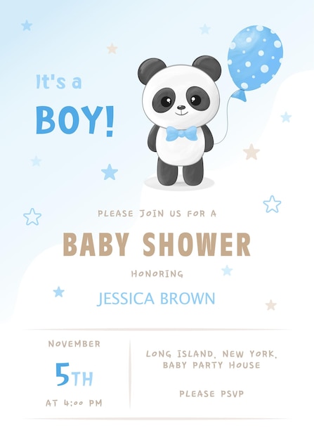 Vector plantilla de invitación de ducha de bebé vectorial con lindo globo azul de panda boy y estrellas es un niño