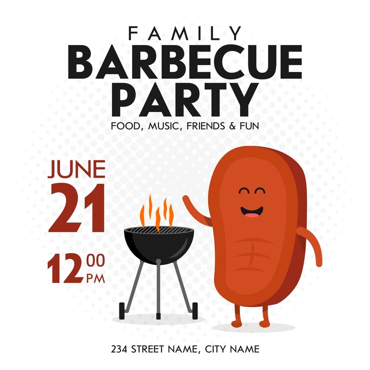 Vector plantilla de invitación de fiesta de barbacoa familiar. tiempo de barbacoa de carácter lindo bistec. ilustración de vector de fondo retro.