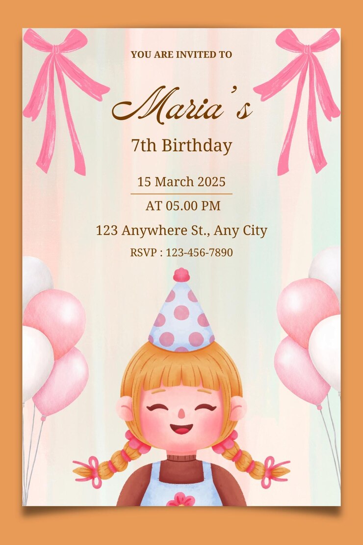 Vector plantilla de invitación de fiesta de cumpleaños con linda ilustración vectorial de chica de dibujos animados