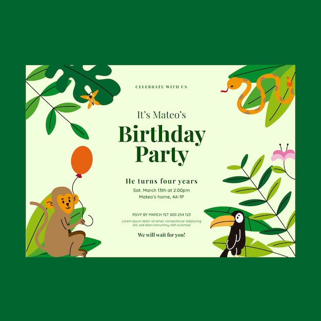 Vector plantilla de invitación de fiesta de cumpleaños de selva plana