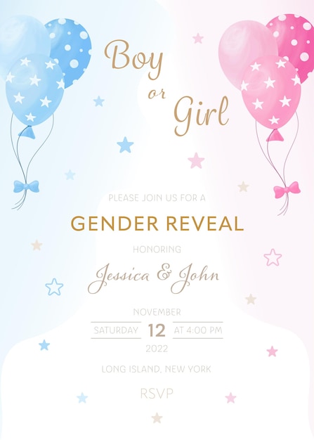 plantilla de invitación de fiesta de género vectorial con globos rosados y azules