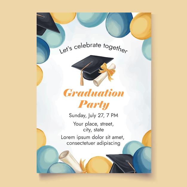 Plantilla de invitación para la fiesta de graduación con decoraciones festivas sombrero académico y diploma