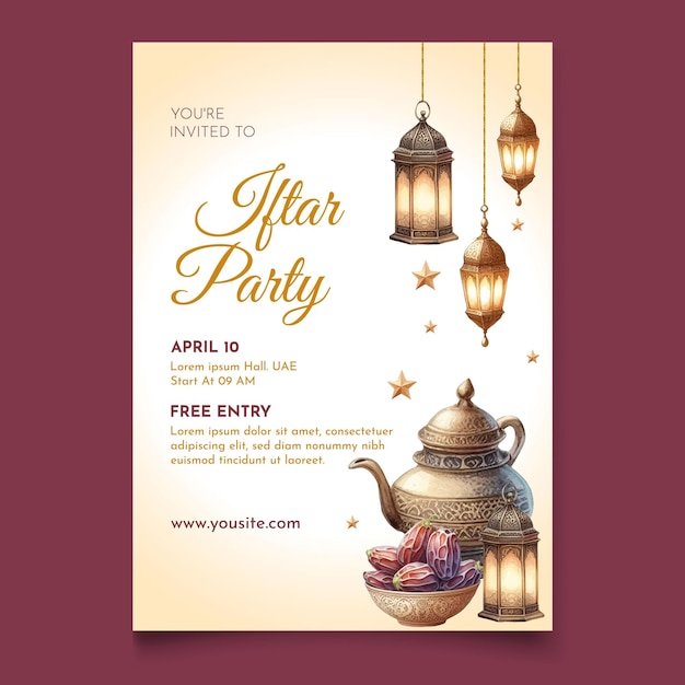 plantilla de invitación para la fiesta de iftar con acuarela vectorial vertical
