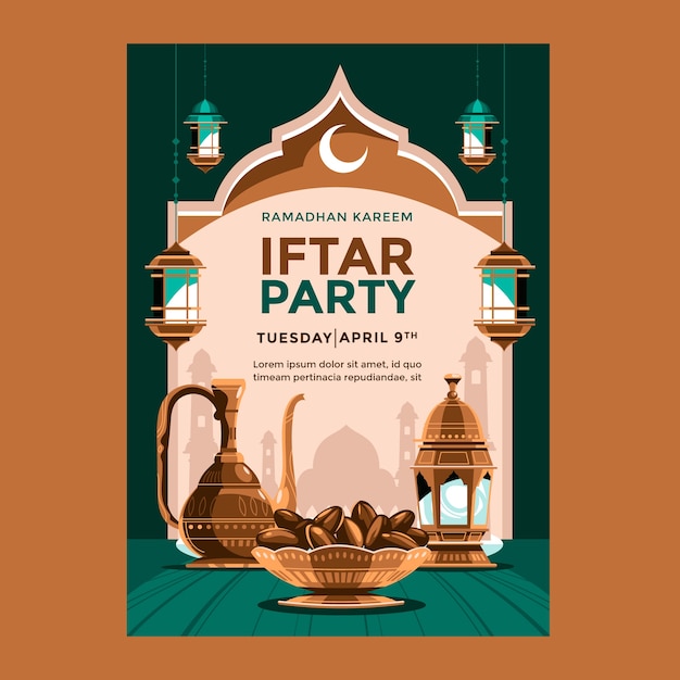 Plantilla de invitación de fiesta de iftar plana para la celebración islámica del Ramadán.