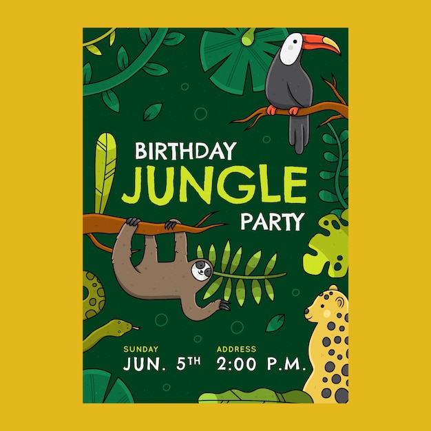 Vector plantilla de invitación de fiesta de la selva dibujada a mano