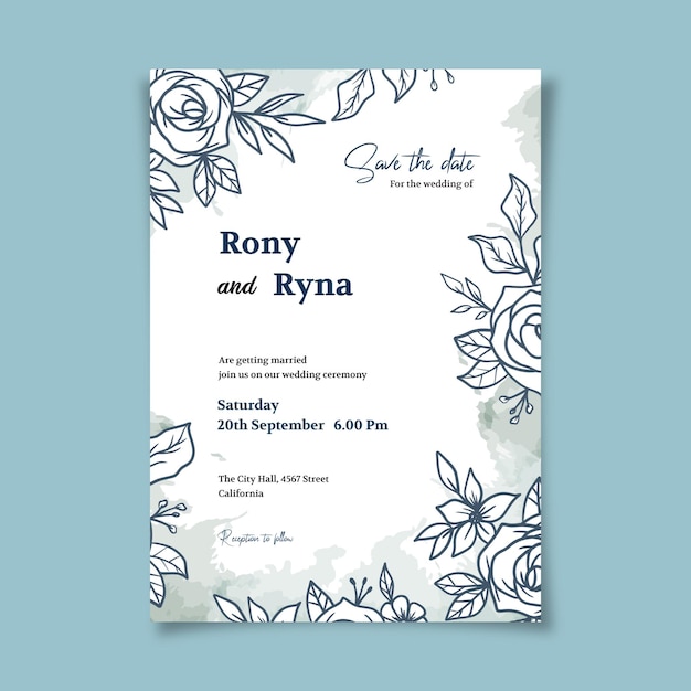 Vector plantilla de invitación floral de boda con hojas y flores decoradas a mano orgánicas