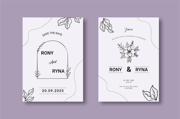plantilla de invitación floral de boda con hojas y flores decoradas a mano orgánicas