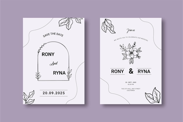 Plantilla de invitación floral de boda con hojas y flores decoradas a mano orgánicas