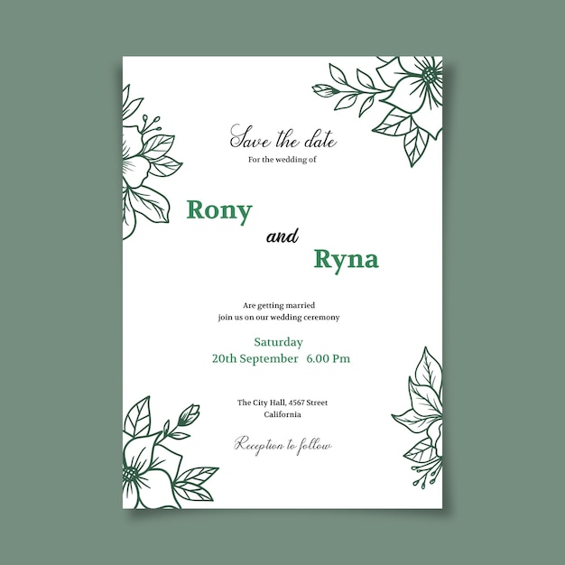 plantilla de invitación floral de boda con hojas y flores decoradas a mano orgánicas