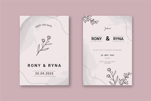 Vector plantilla de invitación floral de boda con hojas y flores decoradas a mano orgánicas