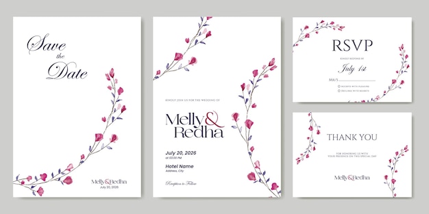 plantilla de invitación de flores de doble cara con pintura de acuarela de flores adorables