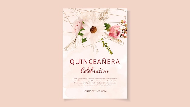 Plantilla de invitación de flores de quinceañera para fiesta de cumpleaños de 15 años