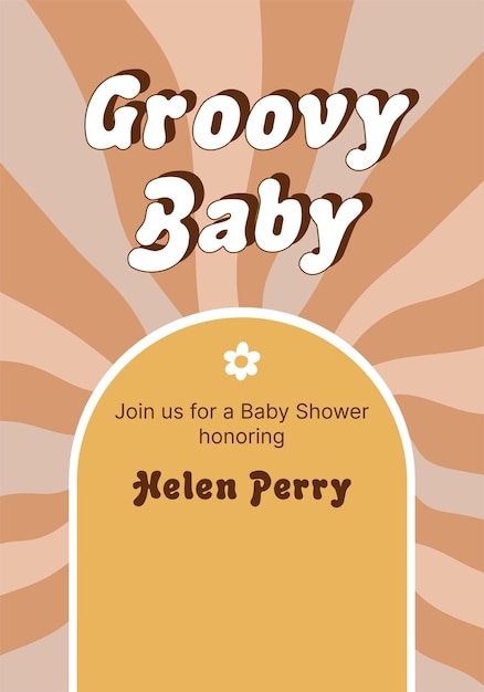 Plantilla de invitación Groovy Baby Shower Tarjeta de felicitación retro de los años 70 Dibujos animados retro de los años 70 con sol