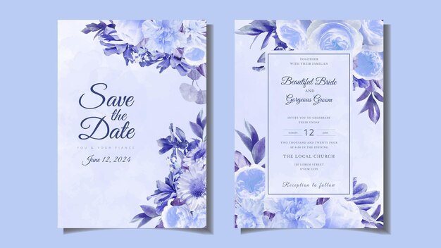 Plantilla de invitación de nupcias de boda de matrimonio de flores florales azules elegantes