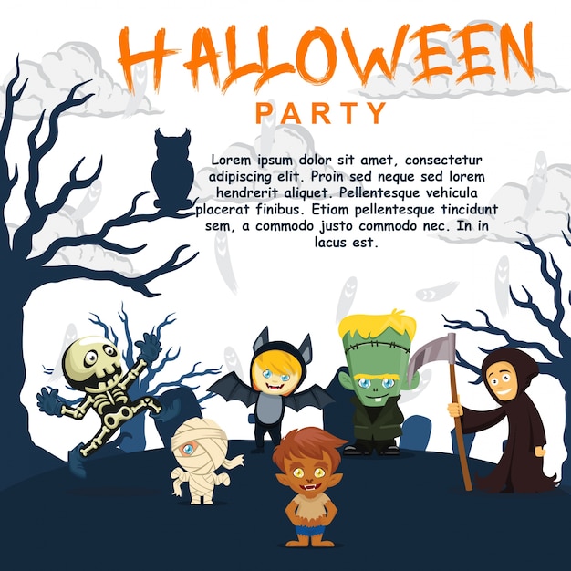 Plantilla de la invitación del partido de halloween carácter lindo de los niños