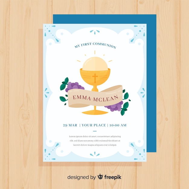 Vector plantilla de invitación de primera comunión en diseño plano