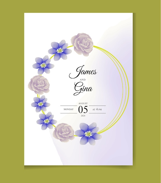 Plantilla de invitación de tarjeta de boda en acuarela con flores y hojas