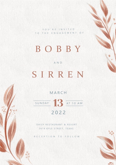 Plantilla de invitación de tarjeta de boda de flor de acuarela dibujada a mano de vector libre