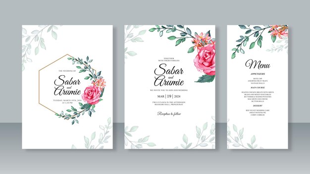 Plantilla de invitación de tarjeta de boda con pintura de acuarela de rosa roja