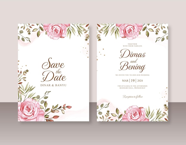 Plantilla de invitación de tarjeta de boda con pintura de acuarela rosa