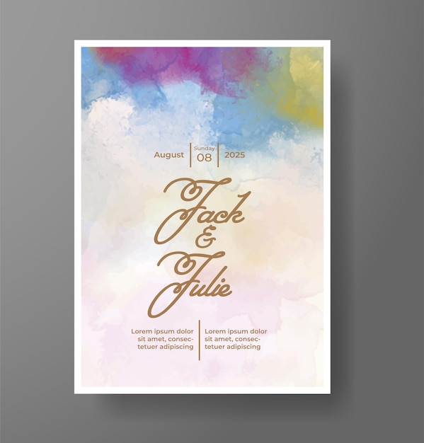 plantilla de invitación de tarjeta de boda con salpicaduras de acuarela pintadas a mano