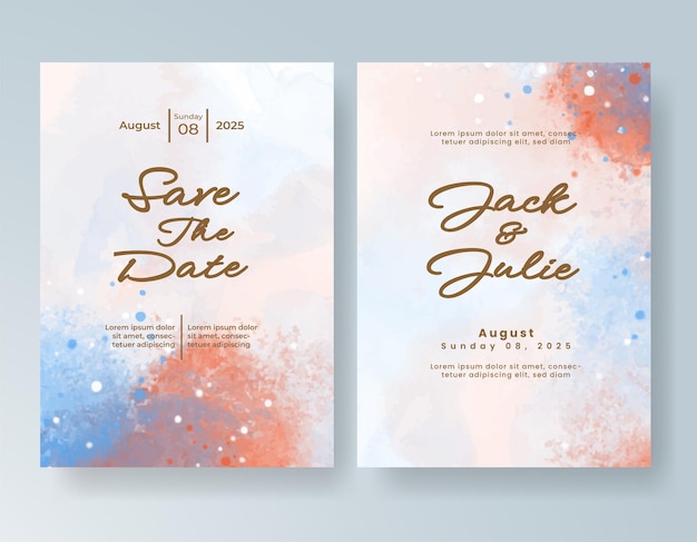 plantilla de invitación de tarjeta de boda con salpicaduras de acuarela pintadas a mano