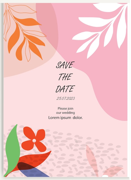 Plantilla de invitación de tarjeta de boda de vector libre hojas y flores florales