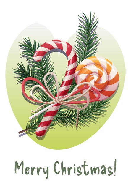 plantilla de invitación de tarjeta de Navidad diseño cartel de volante con caña de rama de abeto y merry piruleta