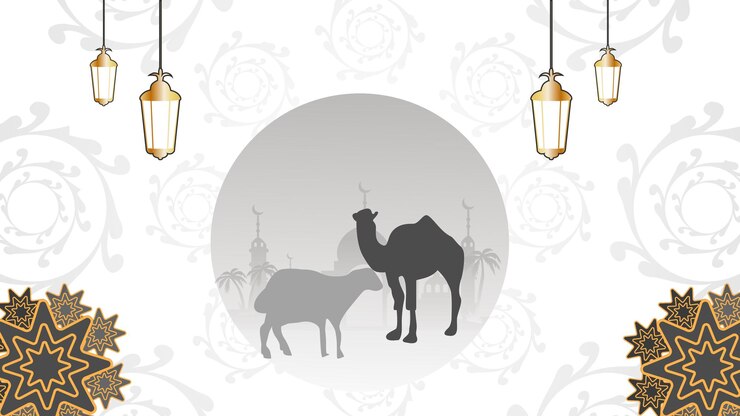 Plantilla islámica Eid Al Adha la celebración del estilo de ilustración plana musulmana con linterna Kaaba