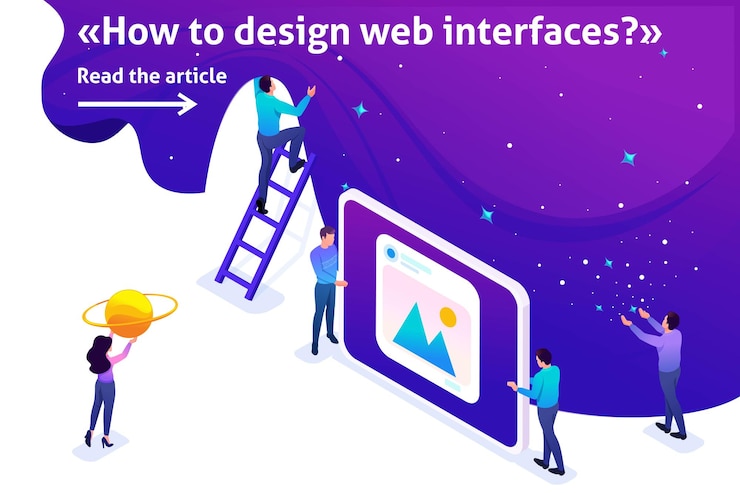Vector plantilla isométrica desarrollo de artículos de banner y creación de un sitio web hombrecitos