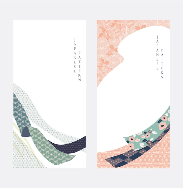 plantilla japonesa con vector de patrón geométrico fondo de decoración floral y cinta flor de peonía con textura de madera en estilo chino textura de lujo natural