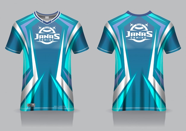 Plantilla de jersey de camiseta de juego esport, uniforme, vista frontal y posterior