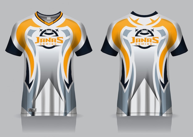 Plantilla de jersey de camiseta de juego Esport, uniforme, vista frontal y posterior