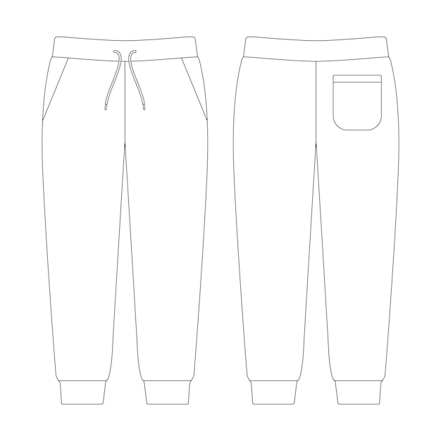 Plantilla jogger pantalones de chándal parche bolsillo vector ilustración boceto plano diseño esquema