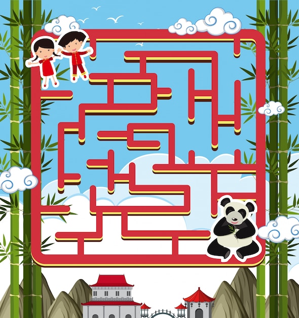 Plantilla de juego de laberinto con panda y niños
