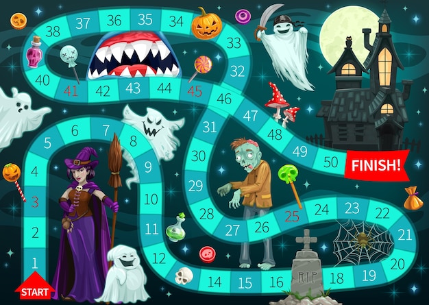 Plantilla de juego de mesa de comienzo a fin con fondo de monstruos de Halloween de dibujos animados