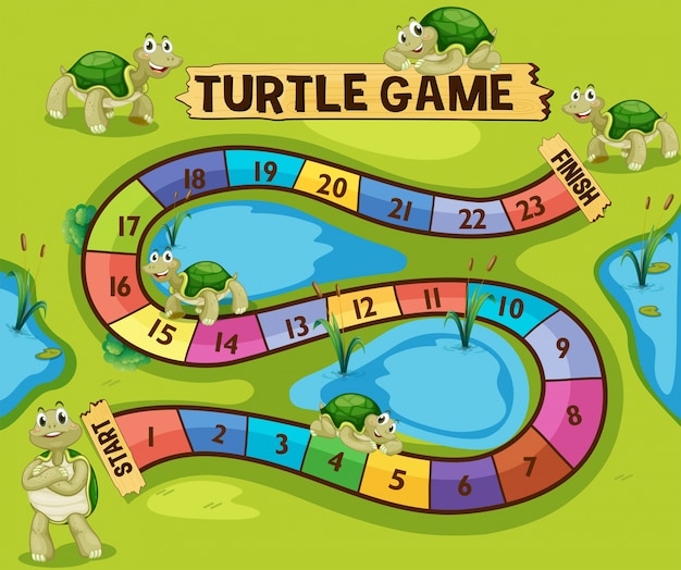 Plantilla de juego de mesa con tortugas en el estanque