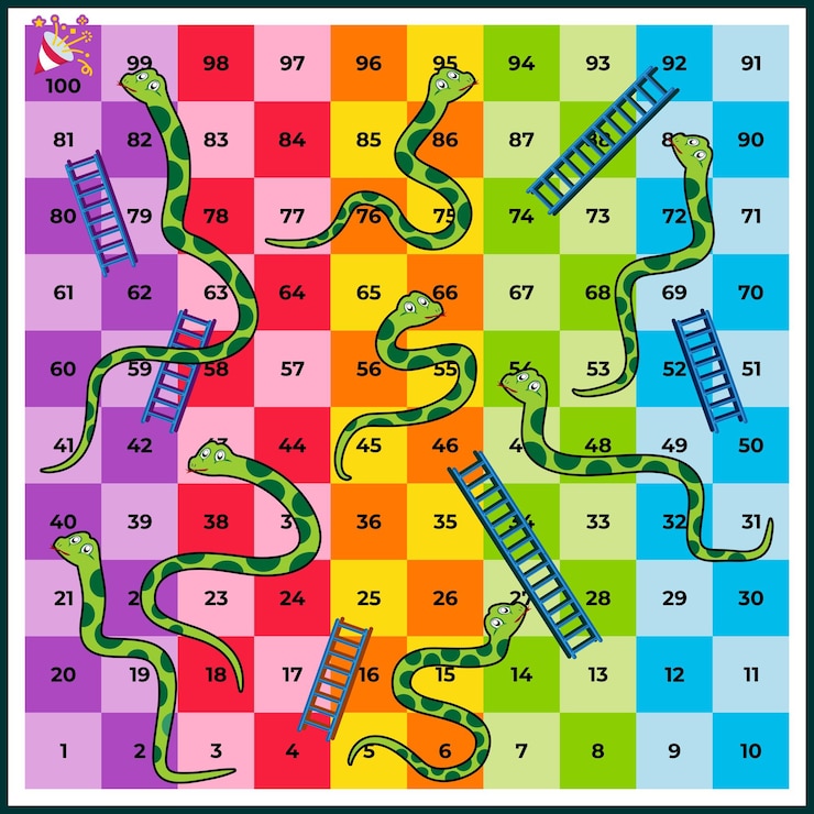Vector plantilla de juego de mesa vectorial con serpientes y escaleras coloridas