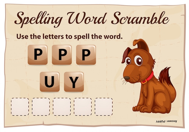 Plantilla de juego de ortografía scramble para cachorro