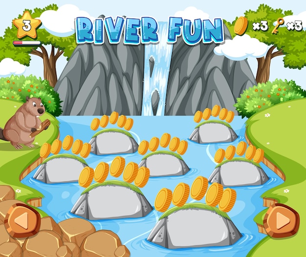 Plantilla de juego con rocas vacías en el río.