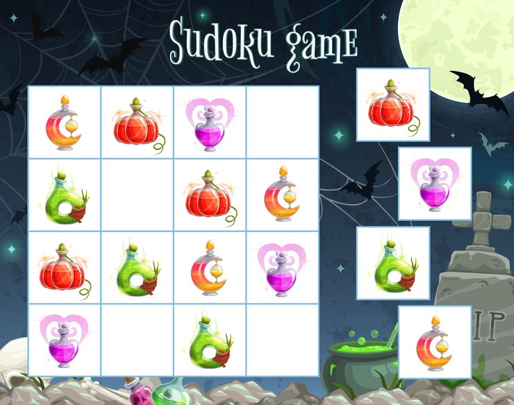 Vector plantilla de juego de sudoku de halloween del cuadrado de rompecabezas de educación infantil