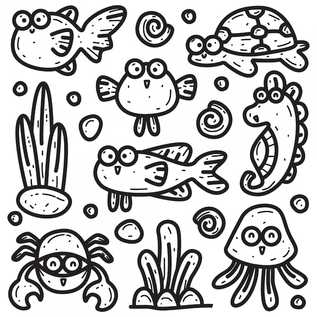 Plantilla kawaii doodle s de varios animales marinos