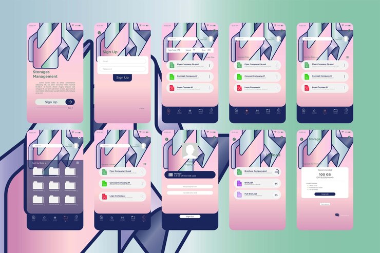 Vector plantilla de kit de interfaz de usuario de aplicación de administración de almacenamiento de formas futuristas abstractas